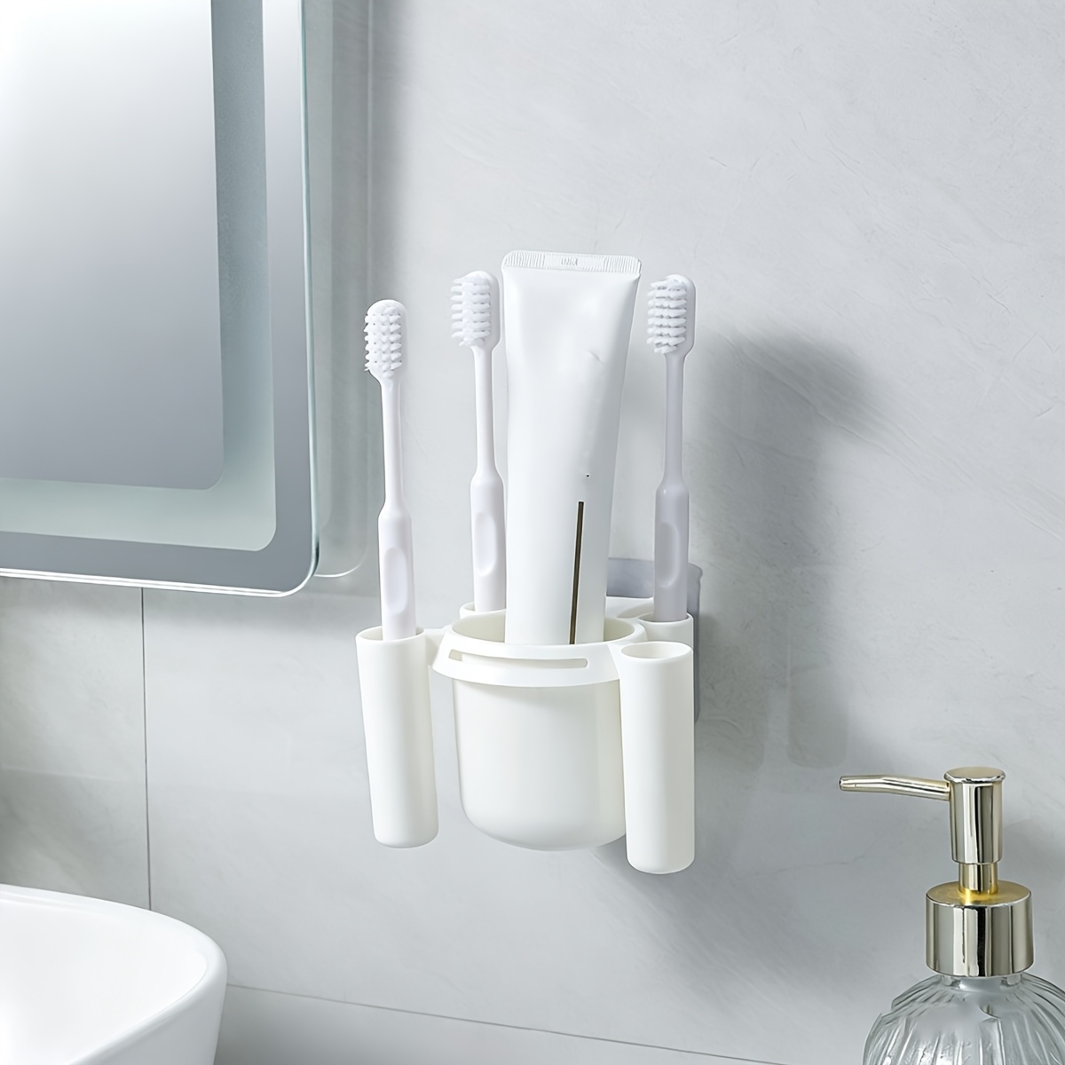 TEMU 1pc No-drill Wall-mounted Toothbrush Holder, Bathroom Toothpaste Organizer With 4 Slots And Central Compartment, Ventilated Drainage Design