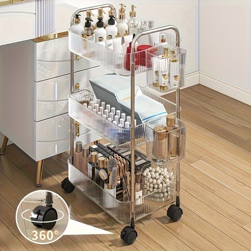 TEMU 3-tier Rolling Cosmetic Organizer With 3 Hanging Baskets, Acrylic Makeup Storage Cart â Multi-functional Bathroom & Living Room Vanity Cart,