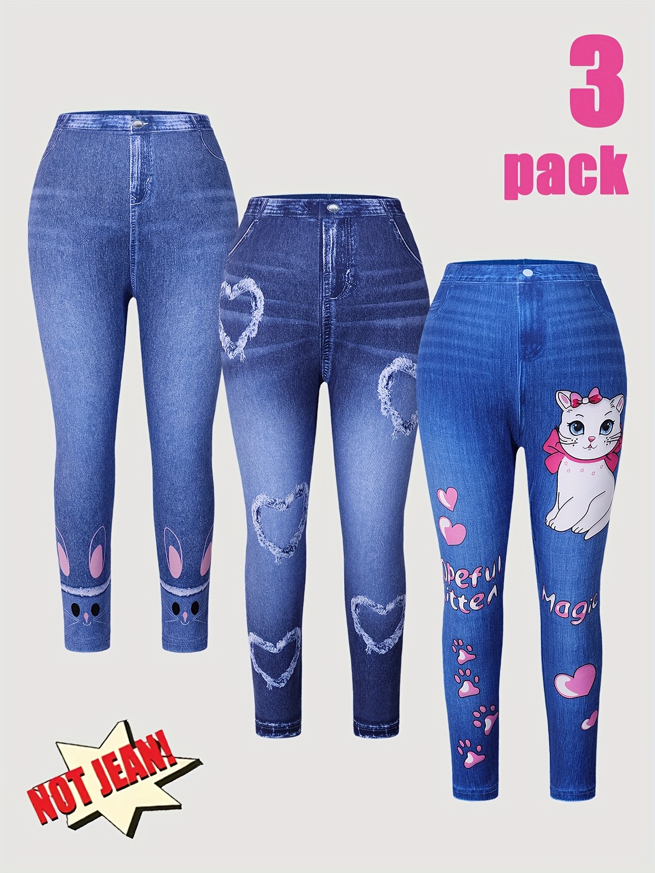 3-Pack Girls' Imitation Denim Leggings with Bunny, Heart & Letter Print - Soft Stretch Full-Length Pants, Elastic Waist Casual Outfits for Spring Summer Fall, Party & Casual Attire ( to) - Machine Washable Denim Base Dressing, Perfect for Outdoor