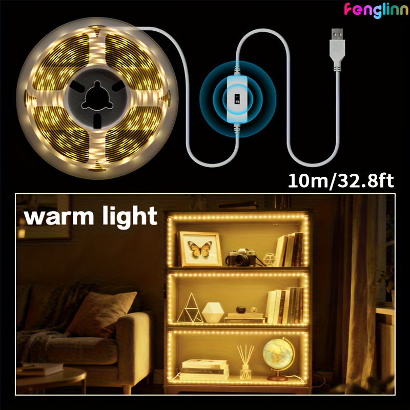 TEMU Usb-powered Smart Led Strip With Motion Sensor - Automatic , Dimmable White & Warm Light, Wall-mounted Smart Lighting For Kitchen, Bedroom,