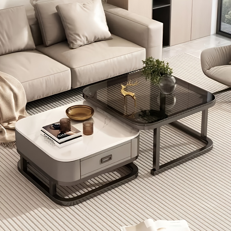 A combination set of a 27.5-inch tempered glass large table and a 23.5-inch slate small table, square coffee table, tea table, suitable for various scenes such as living room, bedroom, courtyard, reception room, etc.