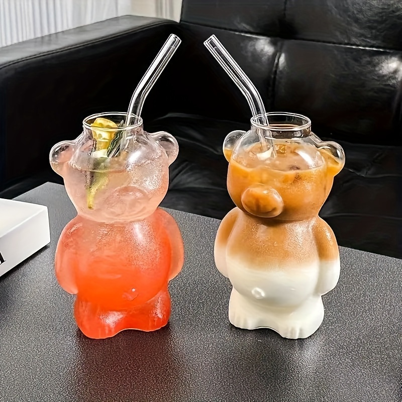 

4pcs Of 10.93oz, With 4 Straws And A Brush, Insulated Cute Teddy Bear Glass Cup, Multi-purpose Latte, Juice, Milk, Water, Hand Wash Only, Reusable High Footed Glass Beverage Container