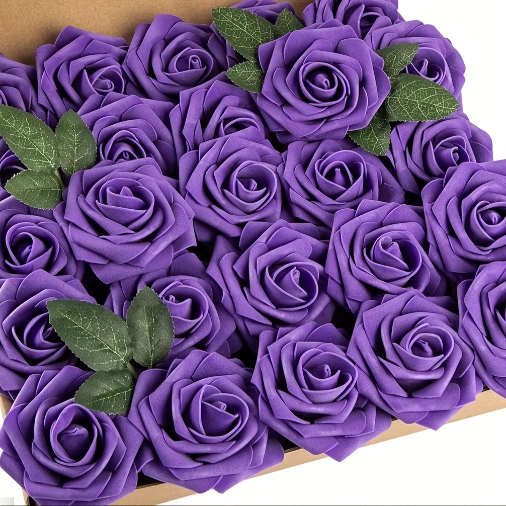 

25pcs, Artificial Roses Flowers Purple Roses W/stem For Diy Wedding Bouquets Boutonnieres Centerpieces Bridal Shower Party Home Decorations Mother's Day Supplies
