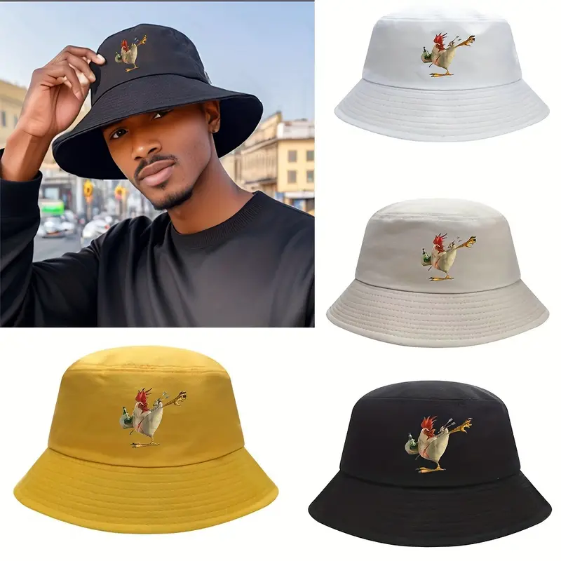1pc Kungfu Chicken Pattern Bucket Hat, Wide Brim Fishing Hat, Outdoor Sun Hat,Temu
