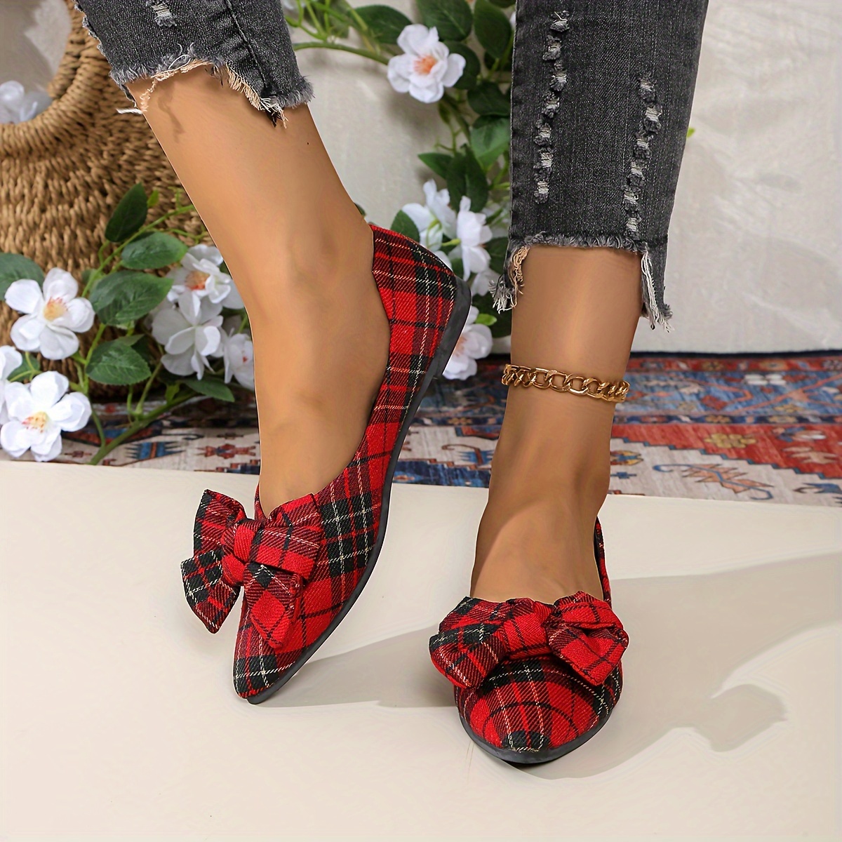 Womens Fabric Flats Bow Accent Pointed Toe Slip Shoes