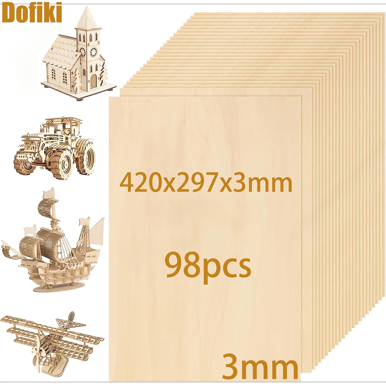 Image of Dofiki 98pcs Basswood Plywood 420x297x3mm, 3mm Unfinished Plywood For Arts And Crafts, Painting, Pyrography, Wood Carving, Wood Engraving, Laser Engraving And Architectural Models