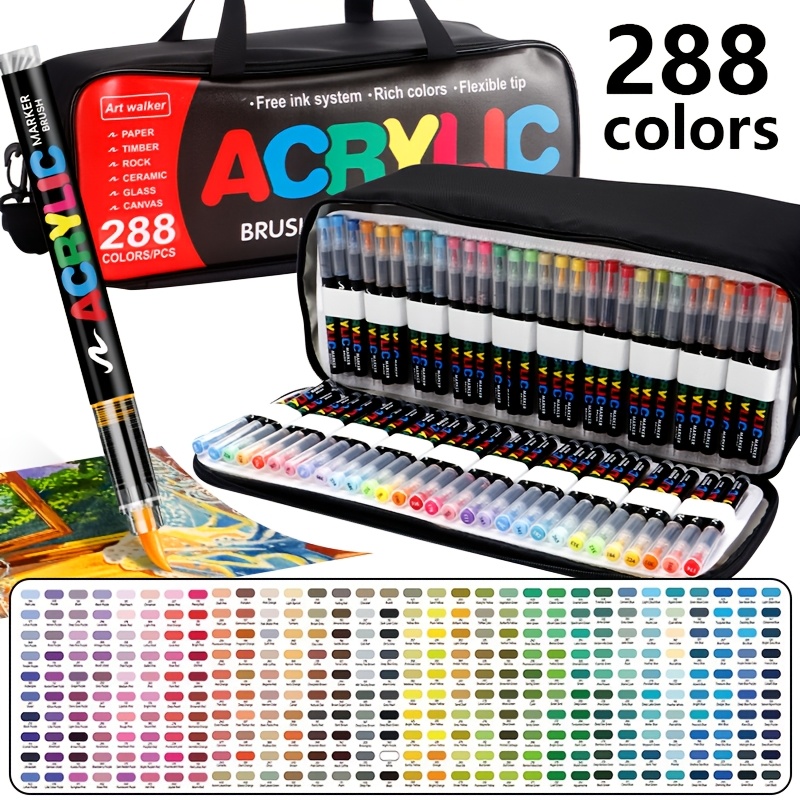 Acrylic Marker Pens, Full Set Of 288, Back-to- Diy Painting Tools With Storage Bag, Suitable For Canvas, Rocks, Ceramics, Glass, Wood, Paper, Soft Brush Tip, Stroke Thickness Wish.
