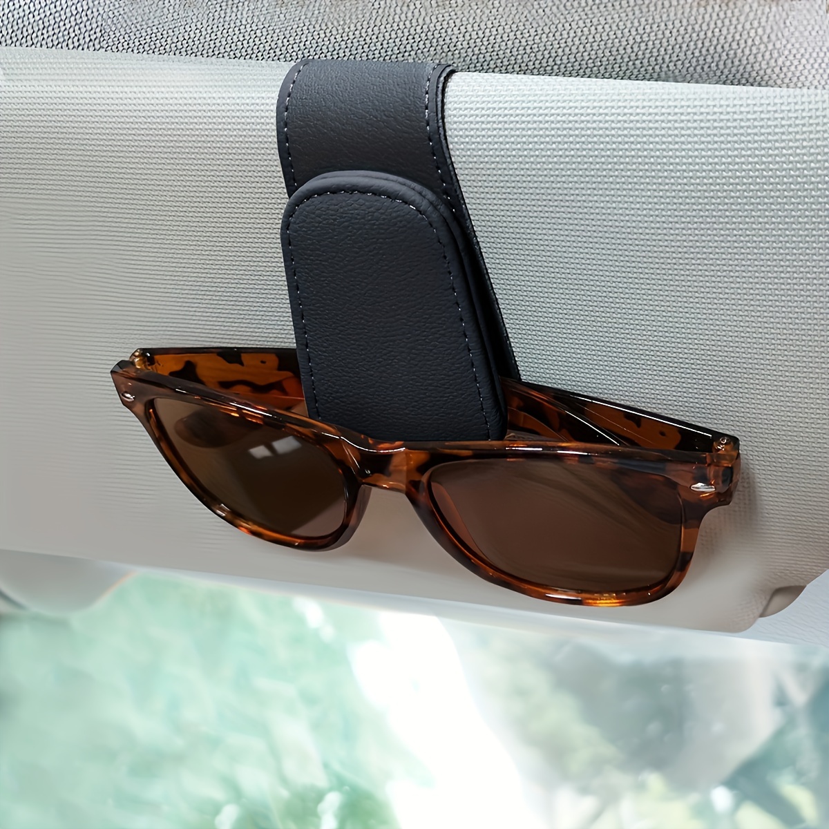 TEMU Glasses Holder For Car Visor - Pu Leather Eyeglass Clip With Ticket Card Holder - , , Stylish Accessory Organizer
