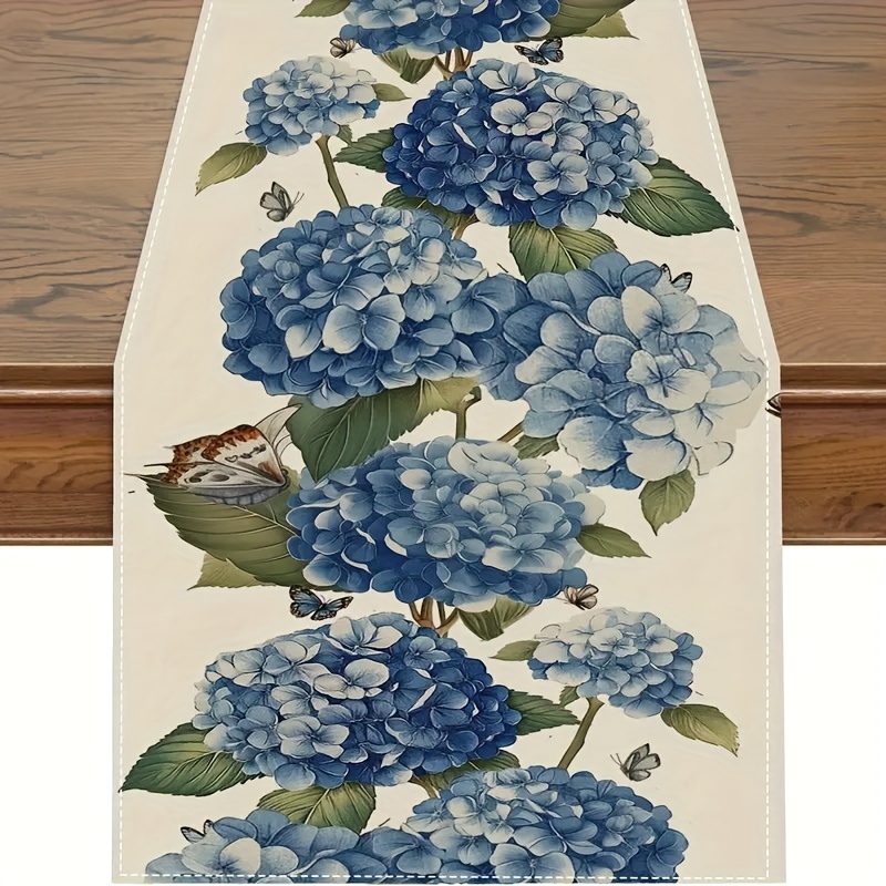 TEMU 1pc, Linen Table Runner - Spring Hydrangea Flower, Blue Pattern, Outdoor Party Supplies, Home Decoration 13x48/13x72/13x108 Inch
