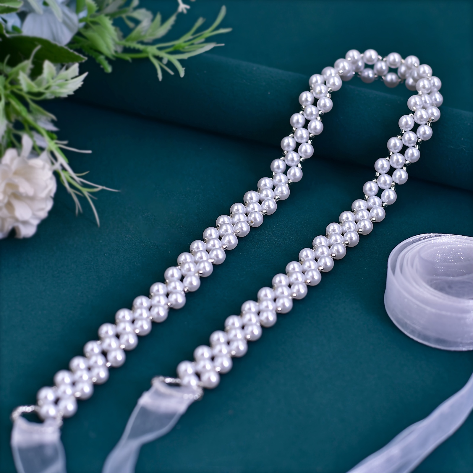 Women's Pearl Waist Belt, Wedding Dress Tulle Sash Chiffon Ribbon Western Style Narrow Belt To Enhance Charm And Radiance Of Your Wedding Gown