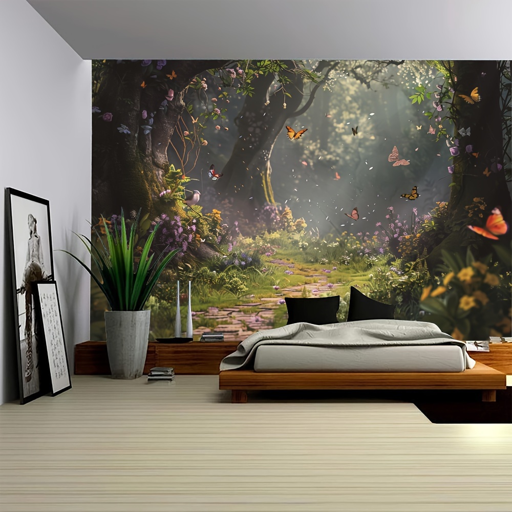 

Forest And Butterflies Wall Tapestry - Woven Polyester Landscape Hanging Art For Bedroom, Indoor Nature-themed Home & Living Room Decor, Easy Install - 1pc