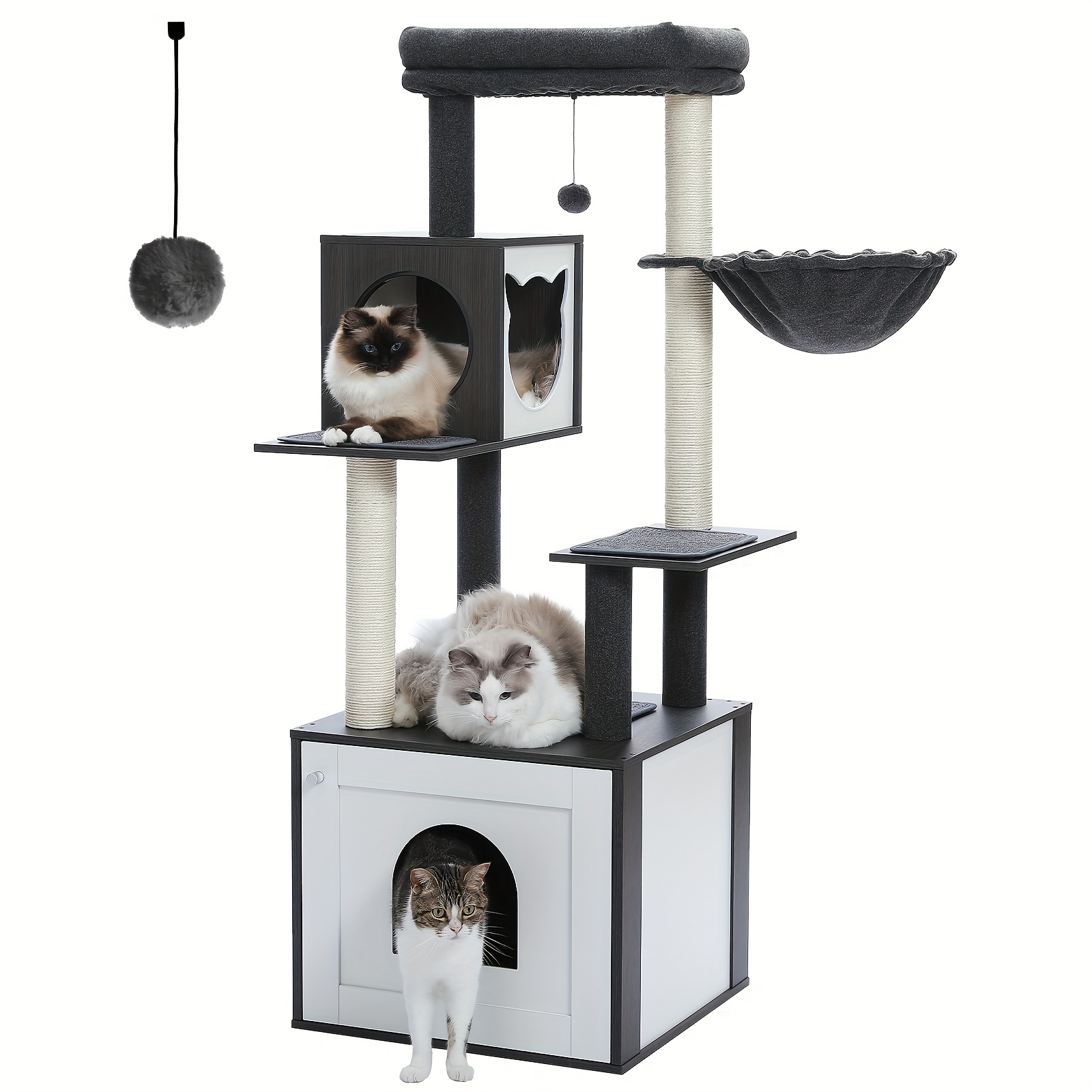 Image of Road Modern Wooden Cat Tree With Storage Cabinet Enclosure And Spacious Large Top Perch And Hammock(no Cat Litter Tray)