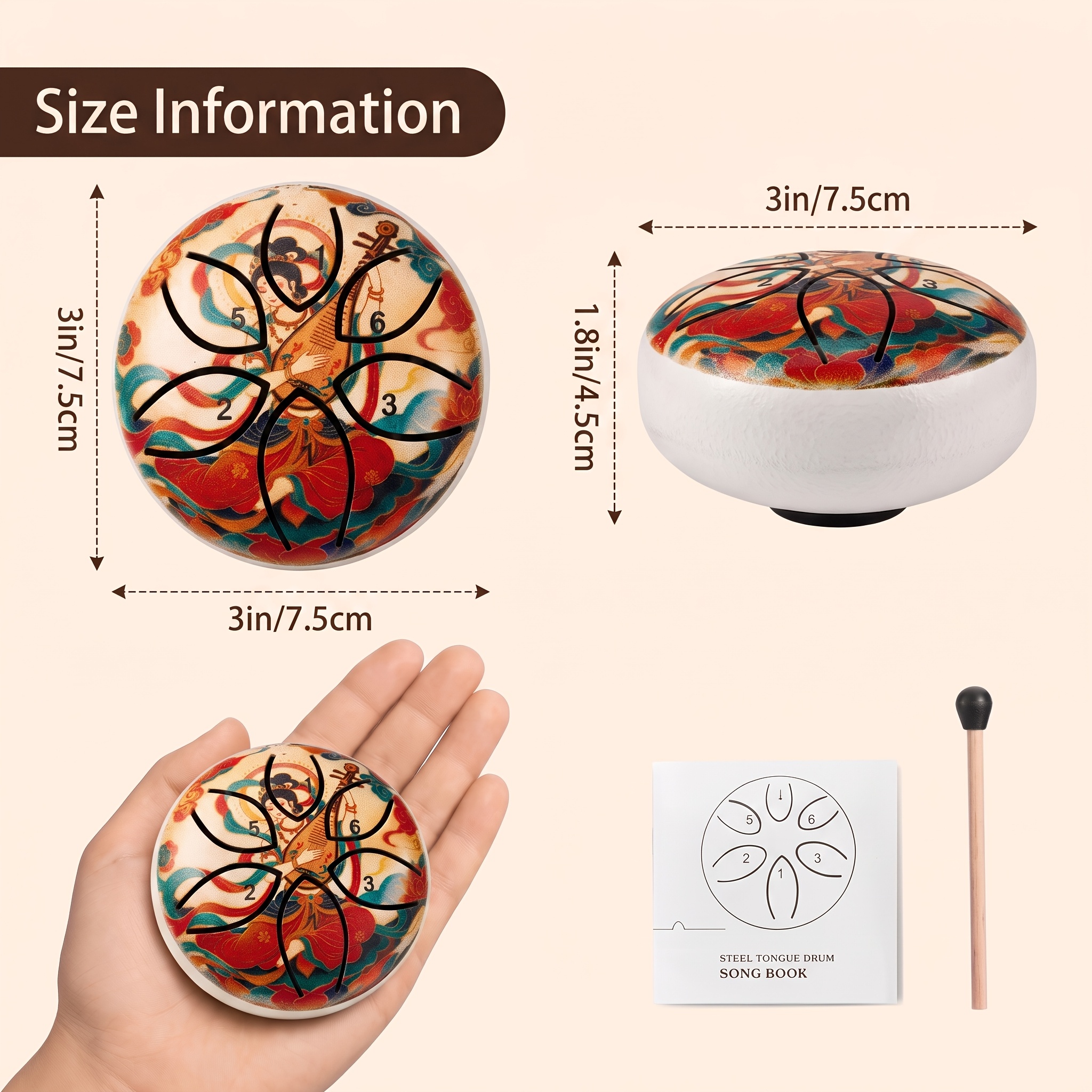 TEMU 3-inch 6-note Mini Steel Tongue Drum With Mallet, Eastern Art Portable Percussion Instrument For Adults And Beginners, Palm-sized Desk Decor For