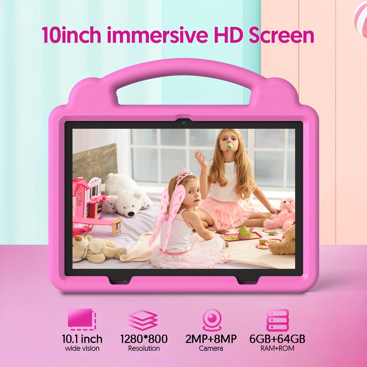 Android 14 Tablet, 25.4 cm Kids Tablet, 64GB ROM 3GB RAM, 1TB Extended Memory, Quad-core, 2.4G WiFi6, Eye Protection, Parental Controls, Tablet With Case, 6000mAh Battery Capacity, Christmas Gift