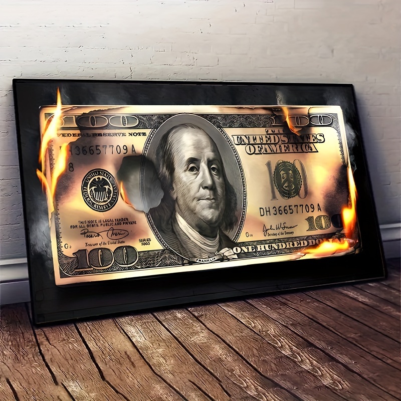 

Art Deco Classic Modern Canvas Art Print, Flame Dollar Bill Theme, Frameless Transverse Wall Hanging Decor For Living Room, Bedroom, Home Office - Indoor Artistic Poster For Classroom & Bathroom Decor