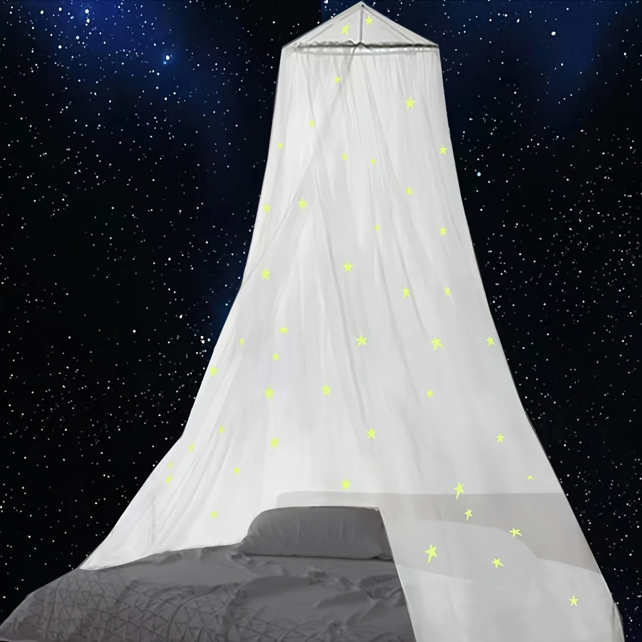 glow in the dark starry bed canopy no power needed soft polyester fabric with illuminated star patterns iron wire bracket lightweight machine washable cozy bedroom ambiance in blue or white mosquito net round semitransparent material details 2