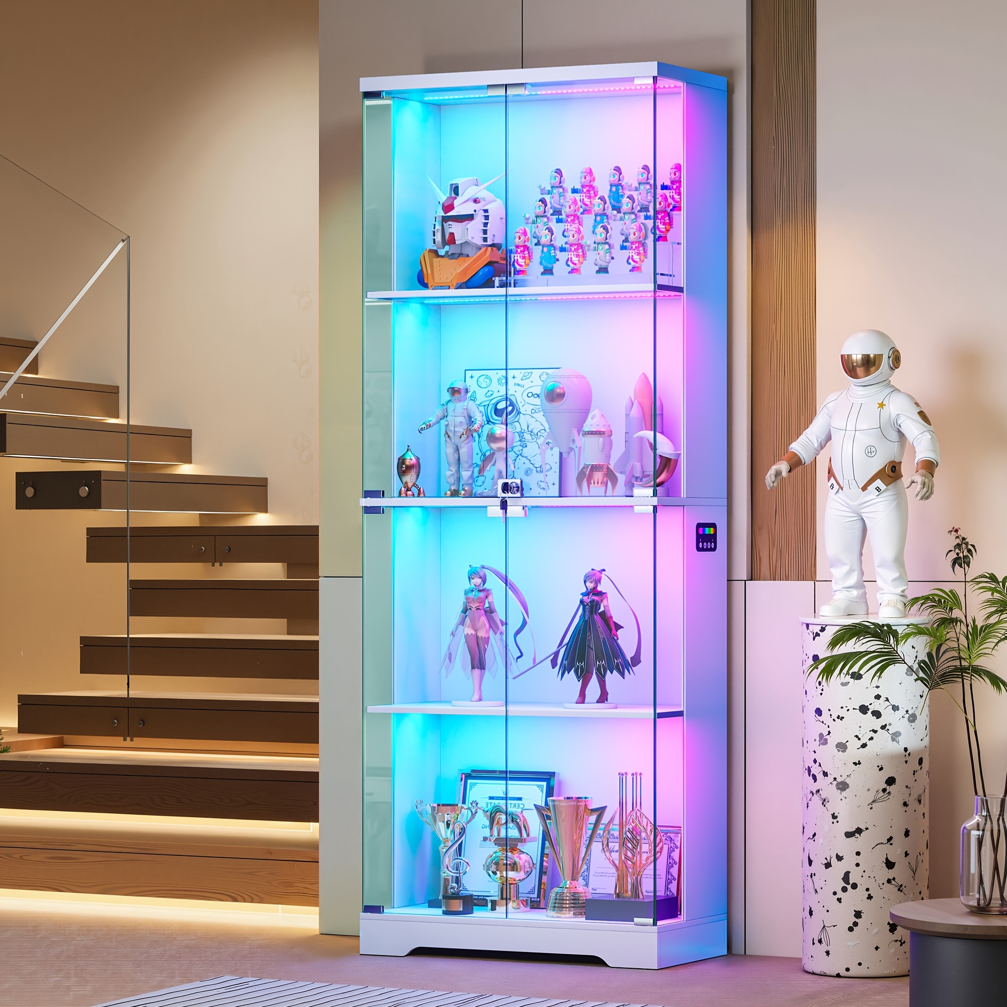 TEMU Hwb Display Cabinet With Glass Doors, 66.9'' Tall Cabinet With Rgb Lights For Collectibles, Led Display Case With Human Body For
