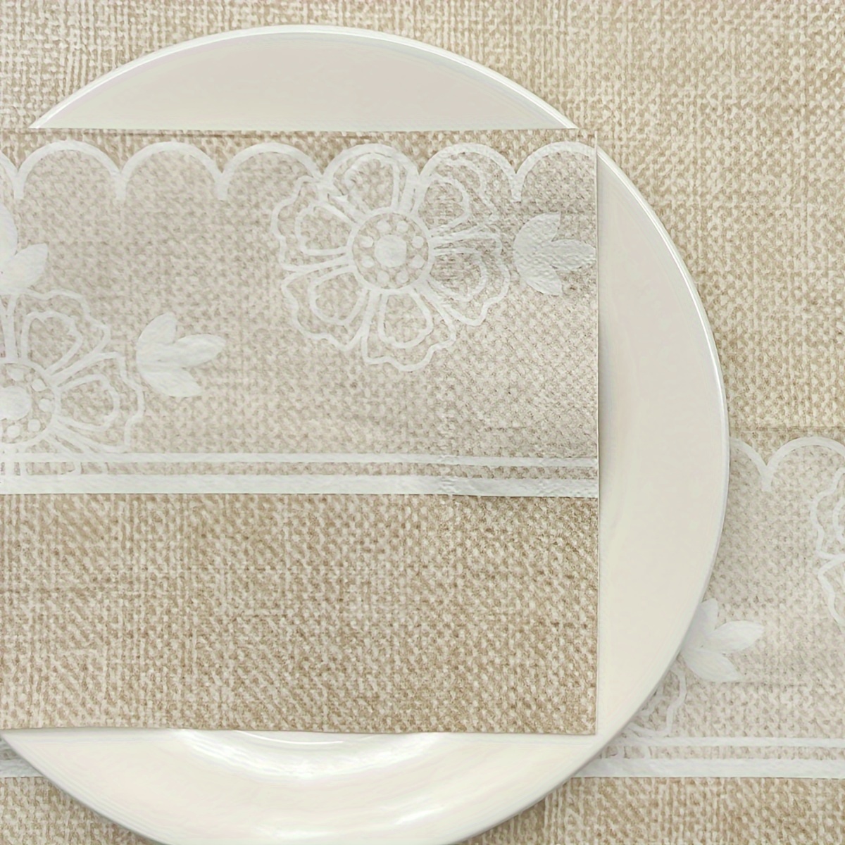 Image of 50pcs/set, Vintage Linen Texture White Lace Dinner Printed Napkins 13*13inch, Birthday Wedding Tea Party Picnic Guest Paper Napkins, Restaurant Home Party Decoration Supplies, Virgin Wood Pulp