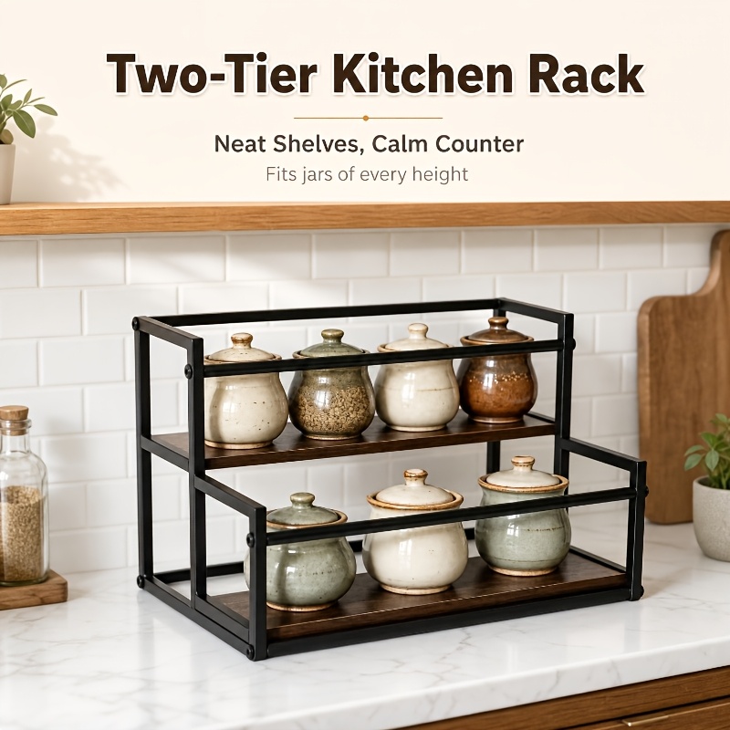 2-Tier Kitchen Storage Rack with Wooden Base, Space-Saving Spice Shelf