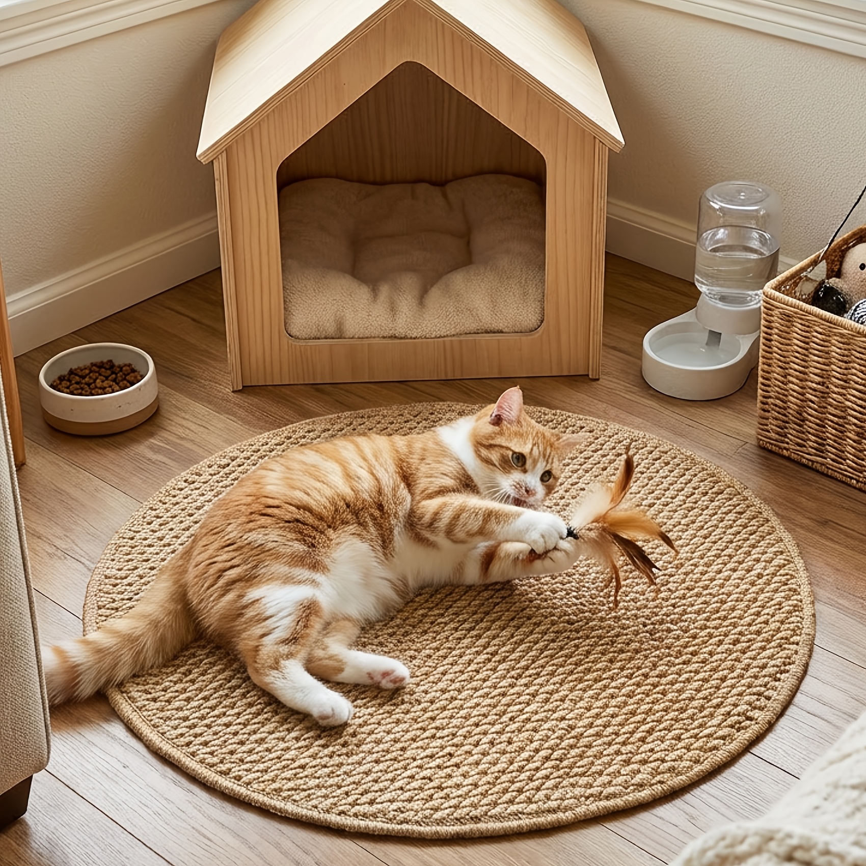 TEMU A 1pc Round Pet Carpet In Light Brown Natural Tones, Featuring An Instagram Style And A Rustic Wooden Home Decor Design. To Pet Beds And Food