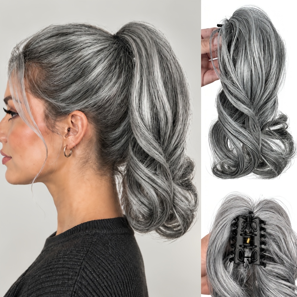 TEMU Pince à Griffes Ombrée Grise Extension de Queue de Cheval Courte d'Eau Postiche Synthétique Cheveux Synthétiques Volumineux et Ondulés pour