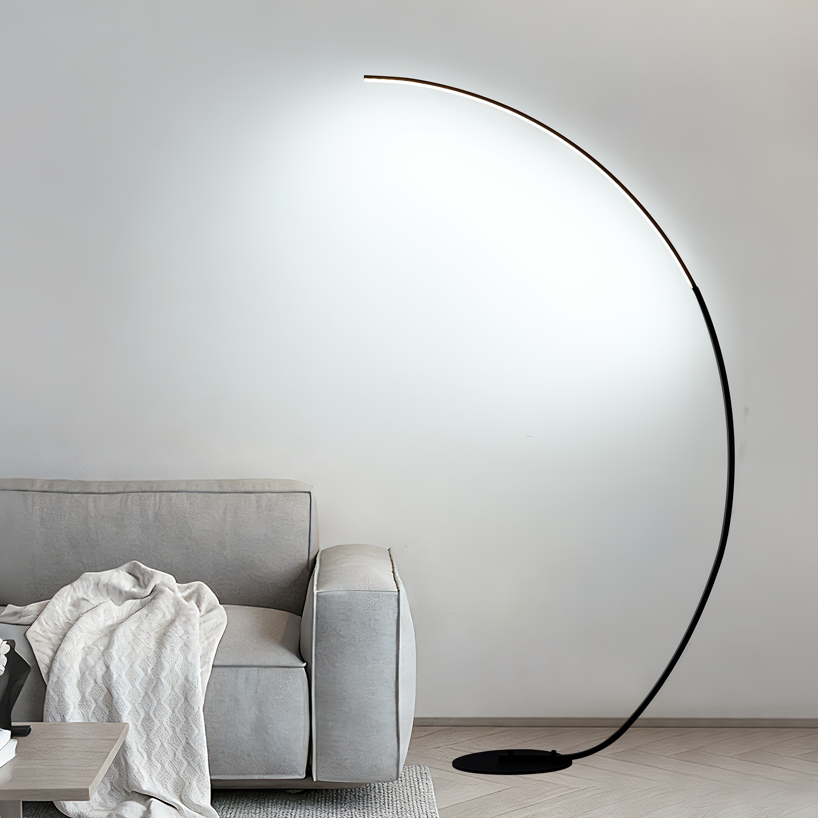 Image of Modern 65-inch Arched Standing Reading Floor Lamp With Remote - Dimmable Black Led Color Changing Curved Ambient Lighting For Bedroom And Living Room