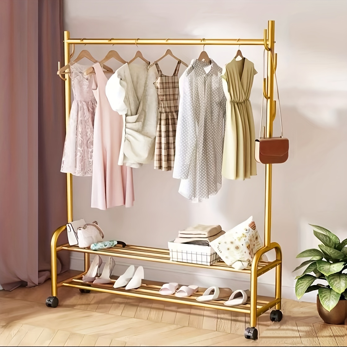 

Exquisite Clothes Rail Rack, 65.3in*39.7in Heavy Duty Clothes Rail, Clothes Rail Metal Garment Rack On Wheels, With 2 Tier Lower Storage Shelf And 7 Side Hooks, For Store Boxes And Shoes