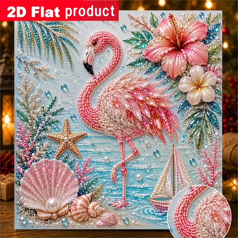 TEMU New Diy Diamond Painting Kit - Tropical Flamingo And Seashell Sailboat Diamond Decorative Art. Suitable For Beginners, Ideal For Home Or Office