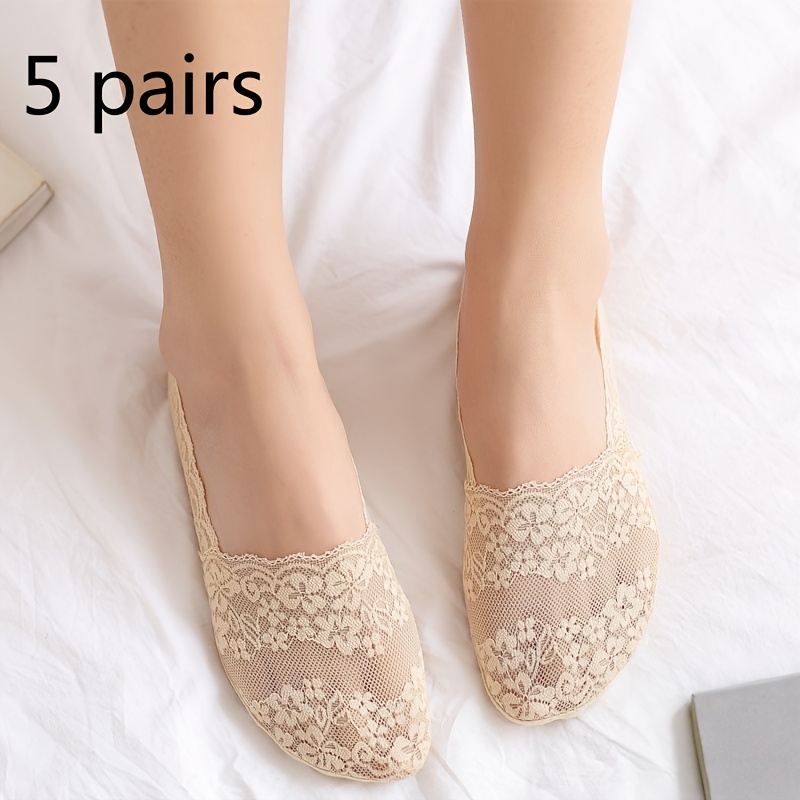 Image of 5-pair Women's Lace Trim Invisible Socks, Summer Thin Ins-style Mesh Lace Invisible Socks, Summer Outdoor Low-cut High Heel Socks, Suitable For Daily Casual And Office Wear