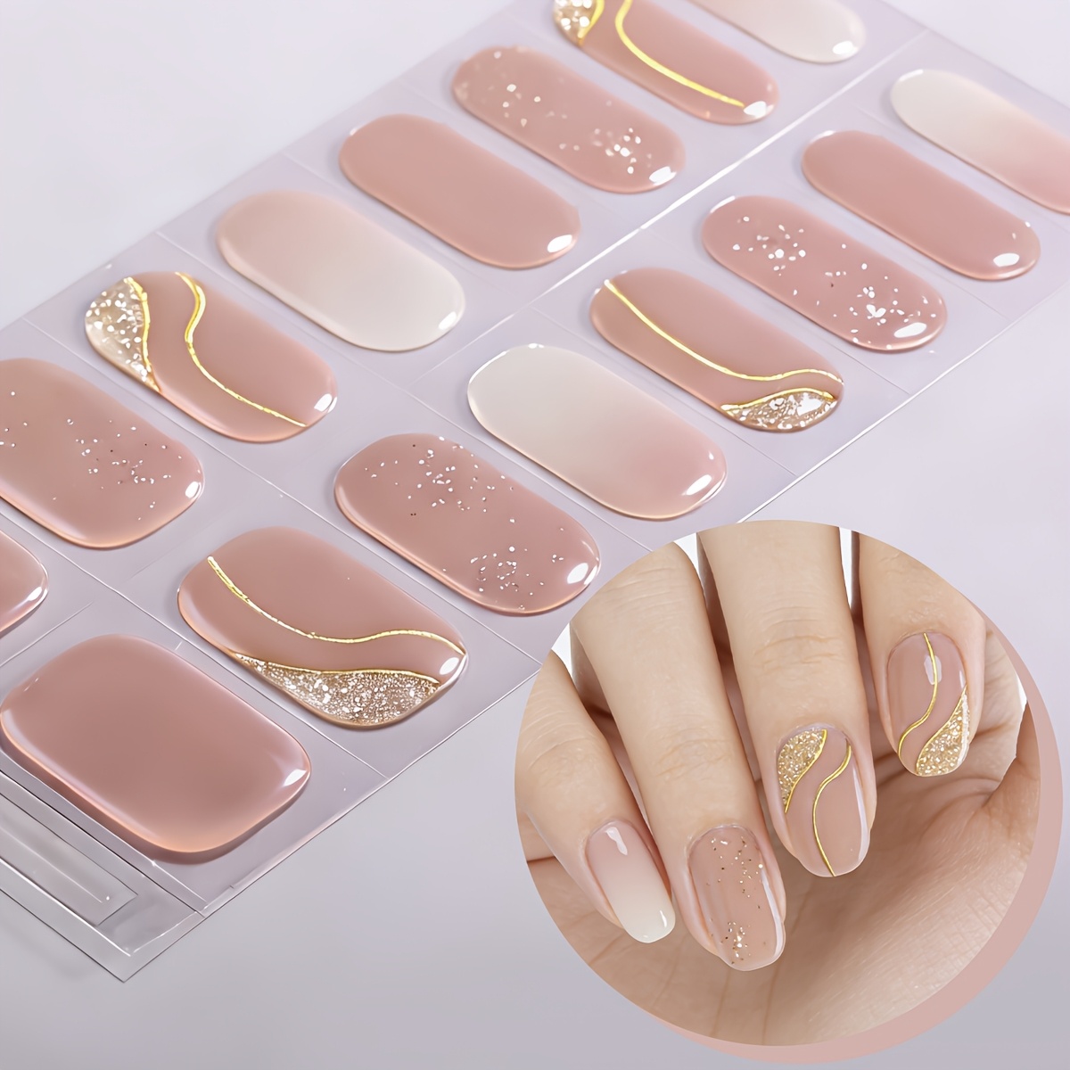 Image of 16pcs Semi Cured Gel Nail Strips - Spring/summer Nude Pink & Golden Pattern Gradient Gel Nail Wraps Requires Lamp, Easy To Apply Suitable For Women's Work, Daily Home Diy Nail Stickers