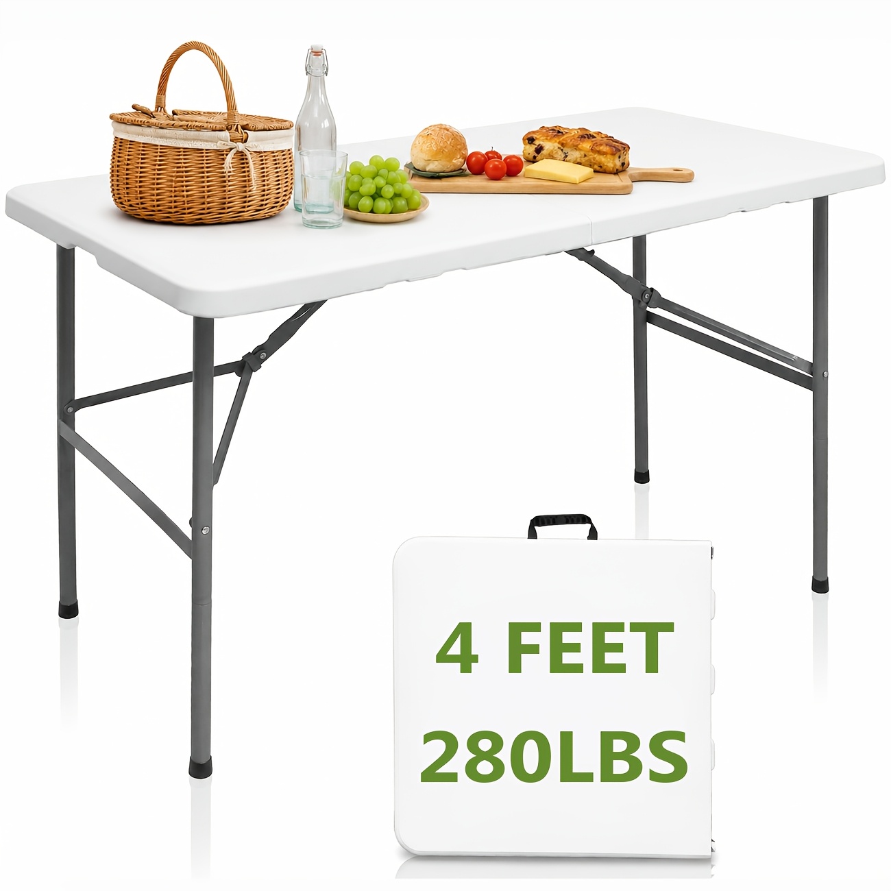 TEMU 4ft/5ft/6ft Folding Table, Portable Dining Table With Carrying Handle And Locks, Picnic Table, Camping Table, Indoor And Outdoor, White