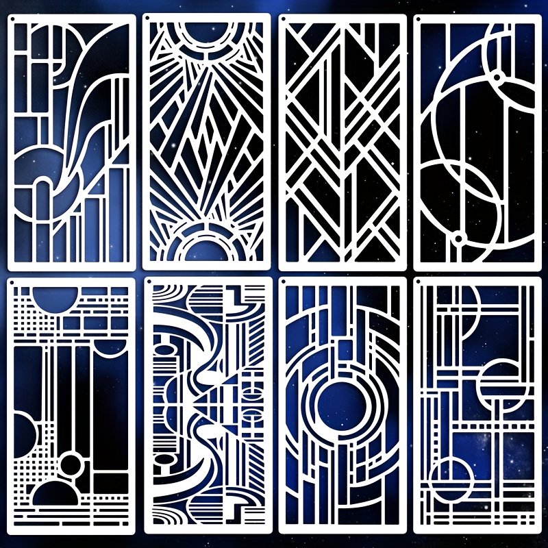 Image of 8 Art Deco Geometric Texture Stencils, Reusable Painting Templates For Use On Canvas, Wood, Furniture, Home Decor, Diy Crafts, And Holiday Gifts