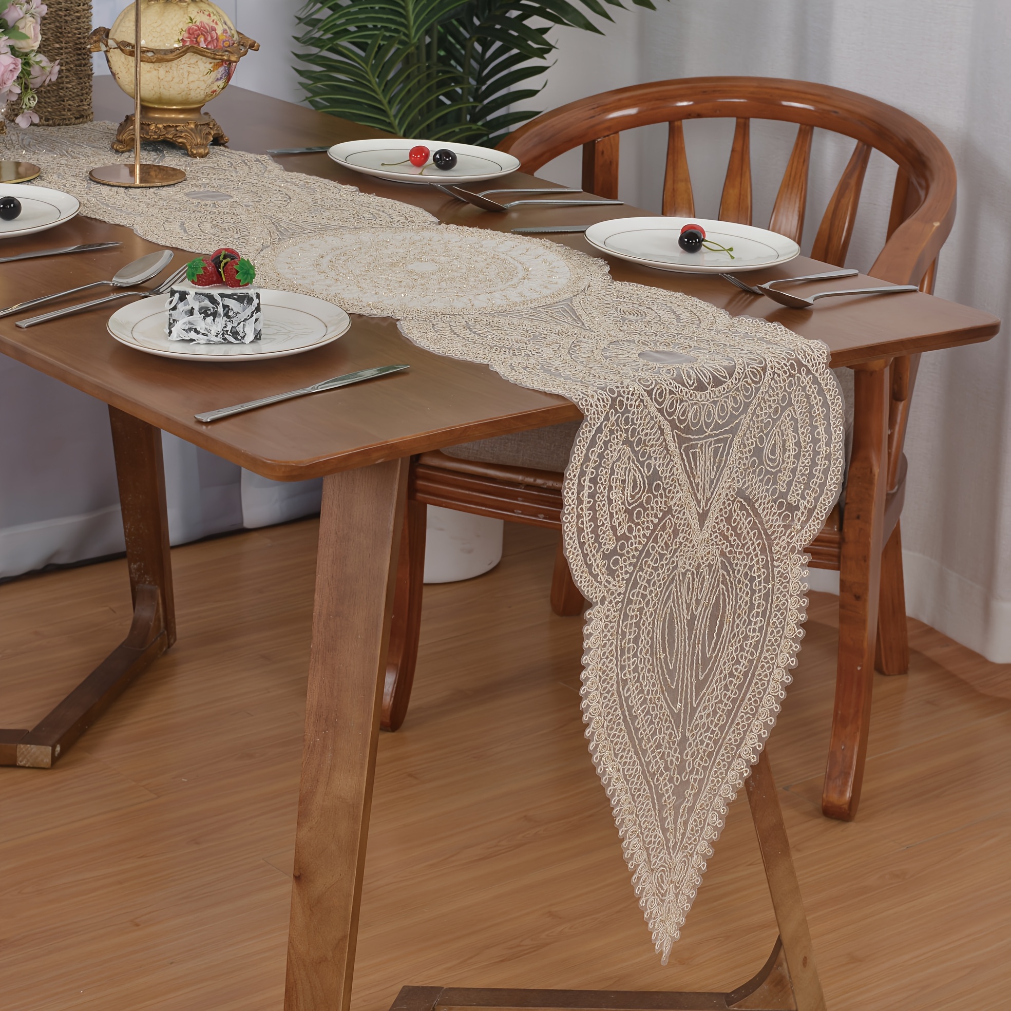 Image of 1pc Embroidered Table Runner, Full Embroidery Table Runner, Elegant European Style, 100% Polyester For Parties, Holidays, Celebrations And Daily Life