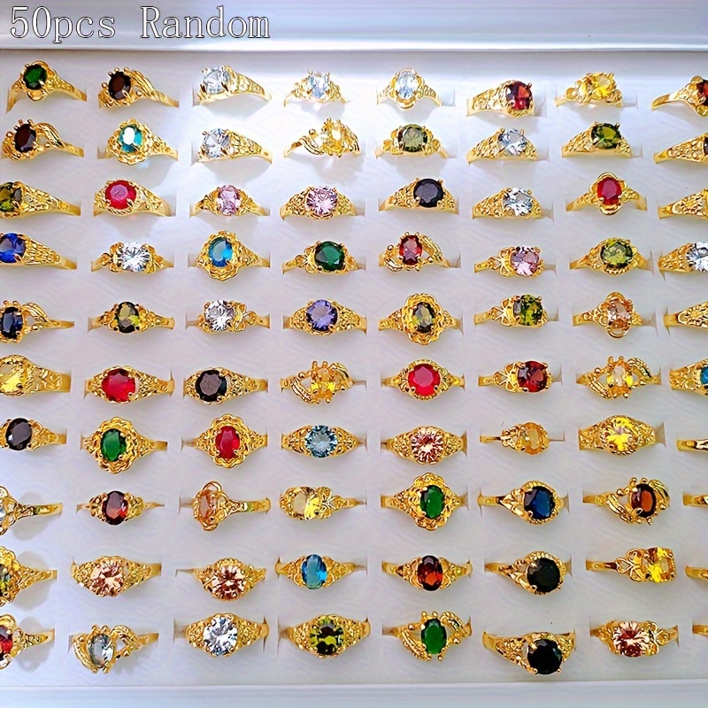 TEMU 50pcs Wholesale Shining Crystal Rings Mixed Rings Bulk Lots Engagement Wedding Jewelry Accessories Party Gifts Assorted Varieties