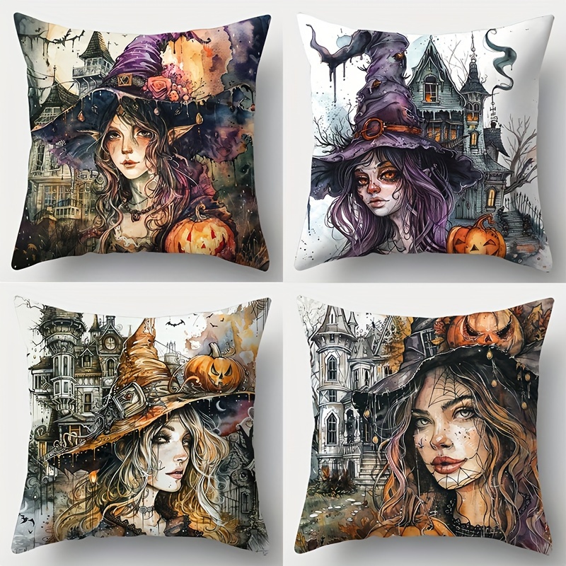 

4pcs Halloween Throw Pillow Covers Contemporary Style - 18x18 Inch - Printed Pattern - Machine Washable Polyester With Zipper For Living Room, Bedroom, Office Sofa Decoration