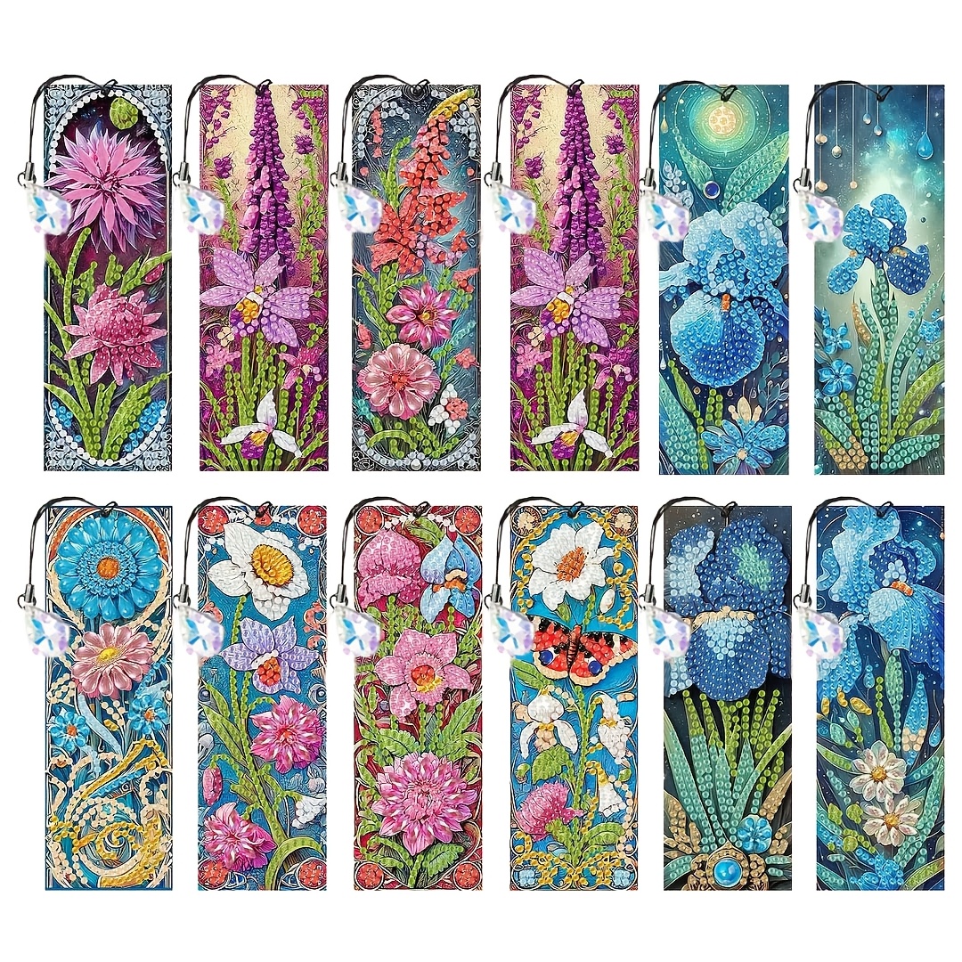 TEMU A Set Of 12 Floral-themed Diamond Painting Bookmarks, Featuring Crystal Decorations, Complete With Hanging Ropes And Crystal Charms, Making Them