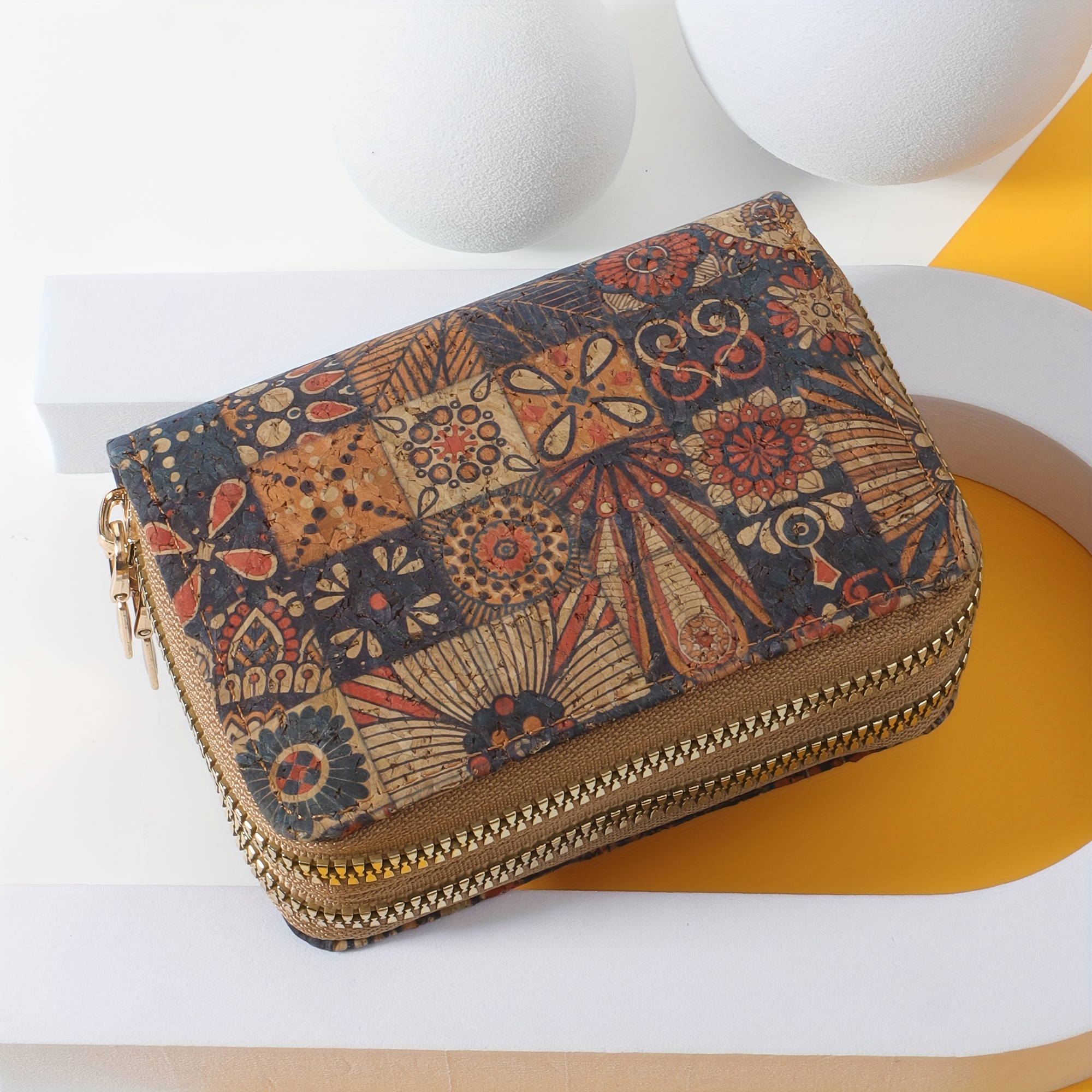 TEMU Bohemian Style Pu Leather Card Holder Mini Wallet, Double Zipper Multi-card Slot Organizer, Casual Fashion Accessory, Coin Purse(4.3''x 1.6'')