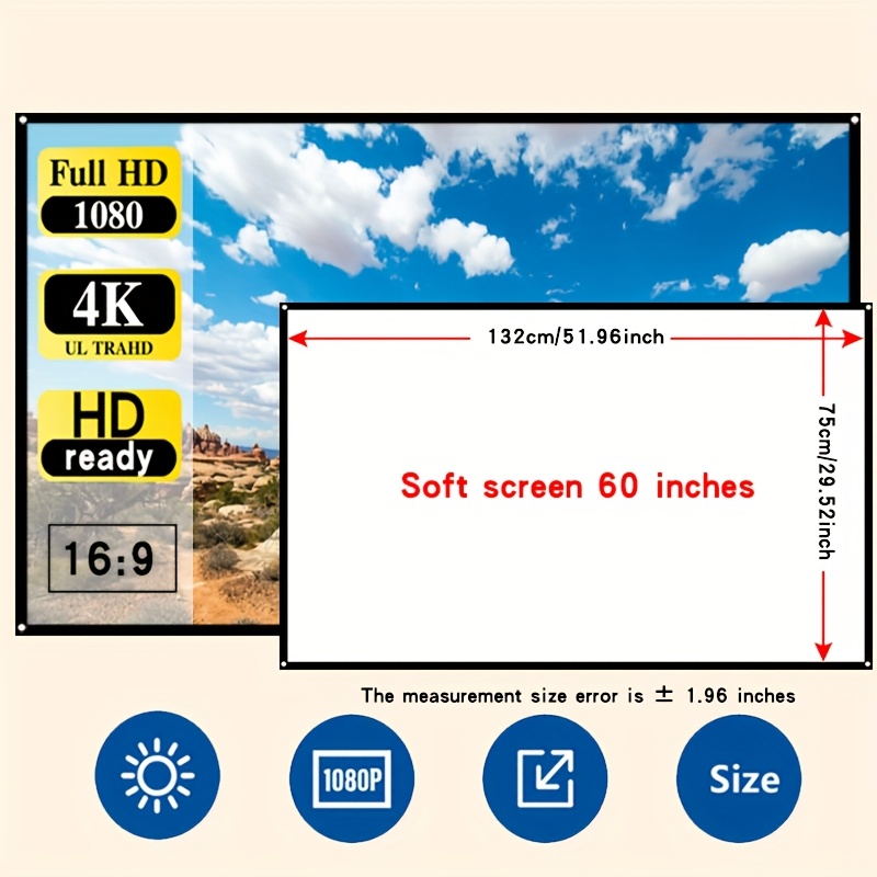 Image of 60-inch Foldable Hd Home Theater Screen With Hooks, High-definition 1080p Full Hd Ready, Portable Large Screen For & Events, , 9:16 Ratio, Spandex Material, Event Display Screen | Foldable Design |