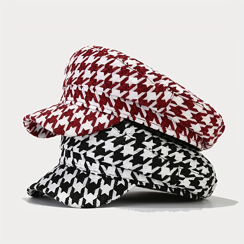 

Classic Houndstooth Beret Hats French Newsboy Cap Women's Elegant Military Style Hats Breathable Painters Hats