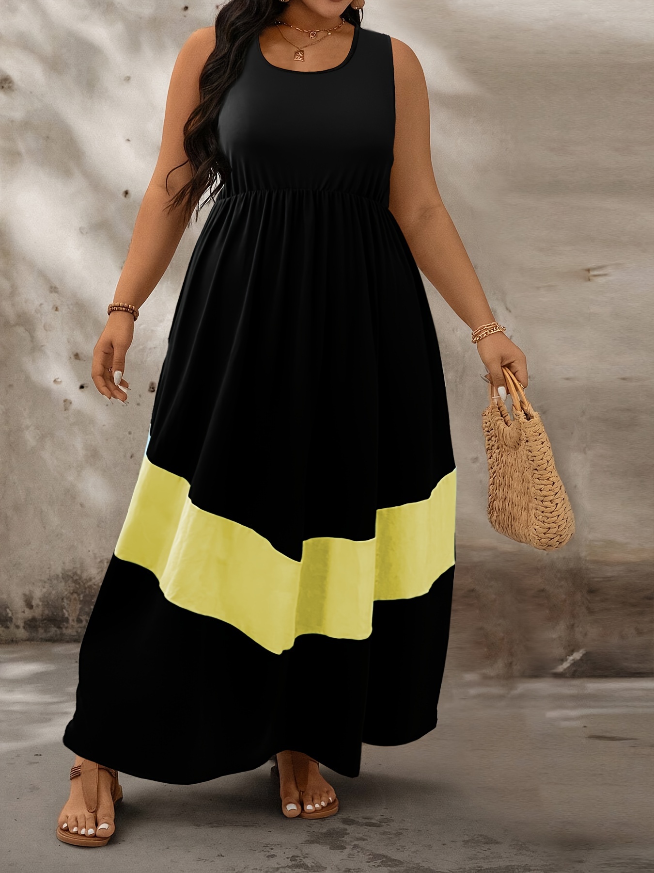 plus size color block tank dress casual ruched sleeveless - Temu