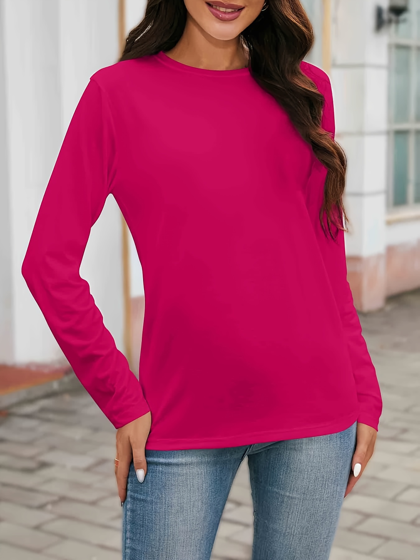 plus size simple solid t shirt casual crew neck long sleeve t shirt womens plus size clothing brick red 3