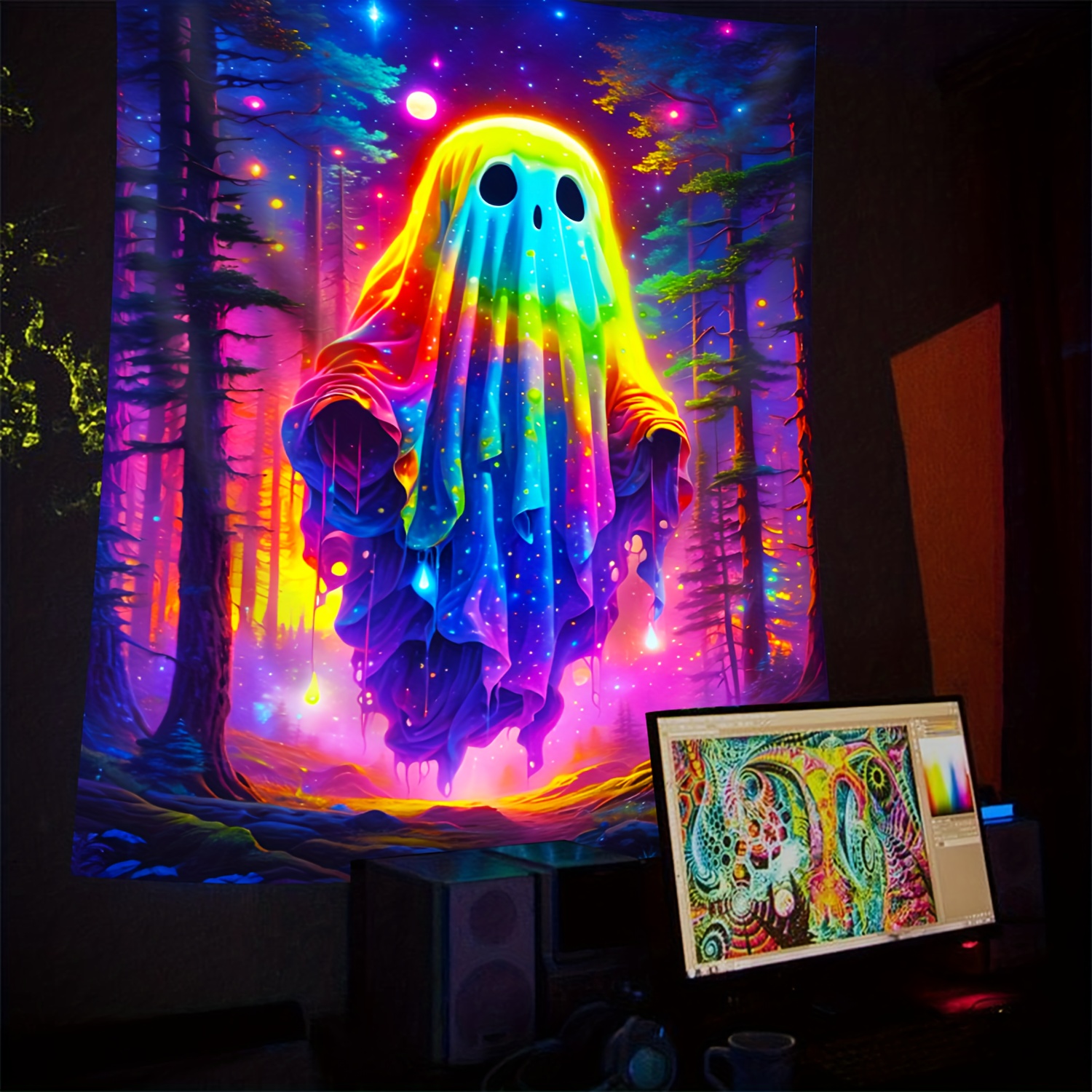 

Fantasy Forest Ghost Glow Tapestry, Large Fluorescent Wall Hanging, Home Decor For Living Room Dorm, Peach Skin Velvet Fabric, Woven Polyester, Indoor Use Without Electricity, Portrait Orientation