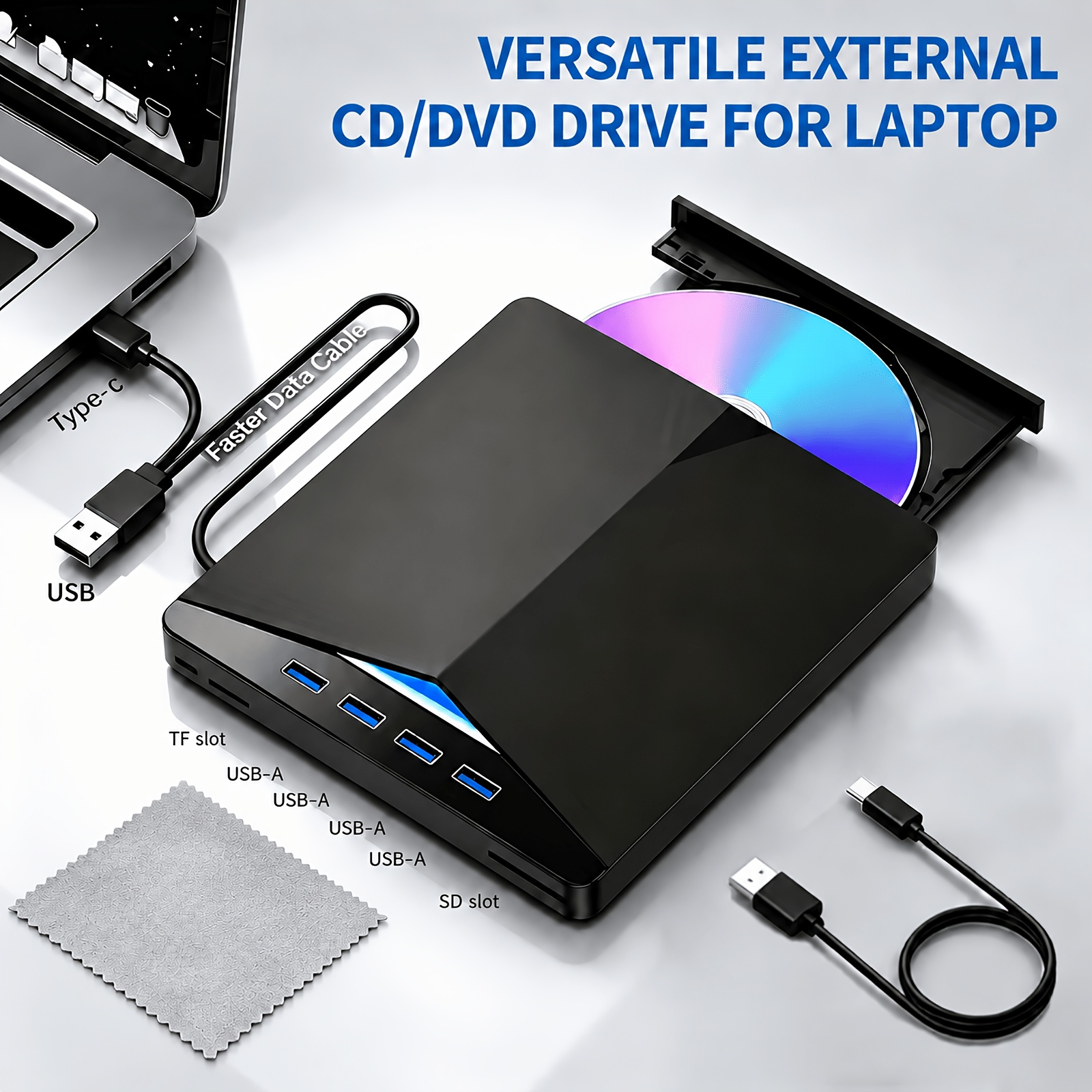 TEMU External Cd Dvd Drive, Usb 3.0 And Type-c Dual Interface Portable External Cd-rw Burner Cd/dvd/vcd Player, Suitable For Laptops And Desktop