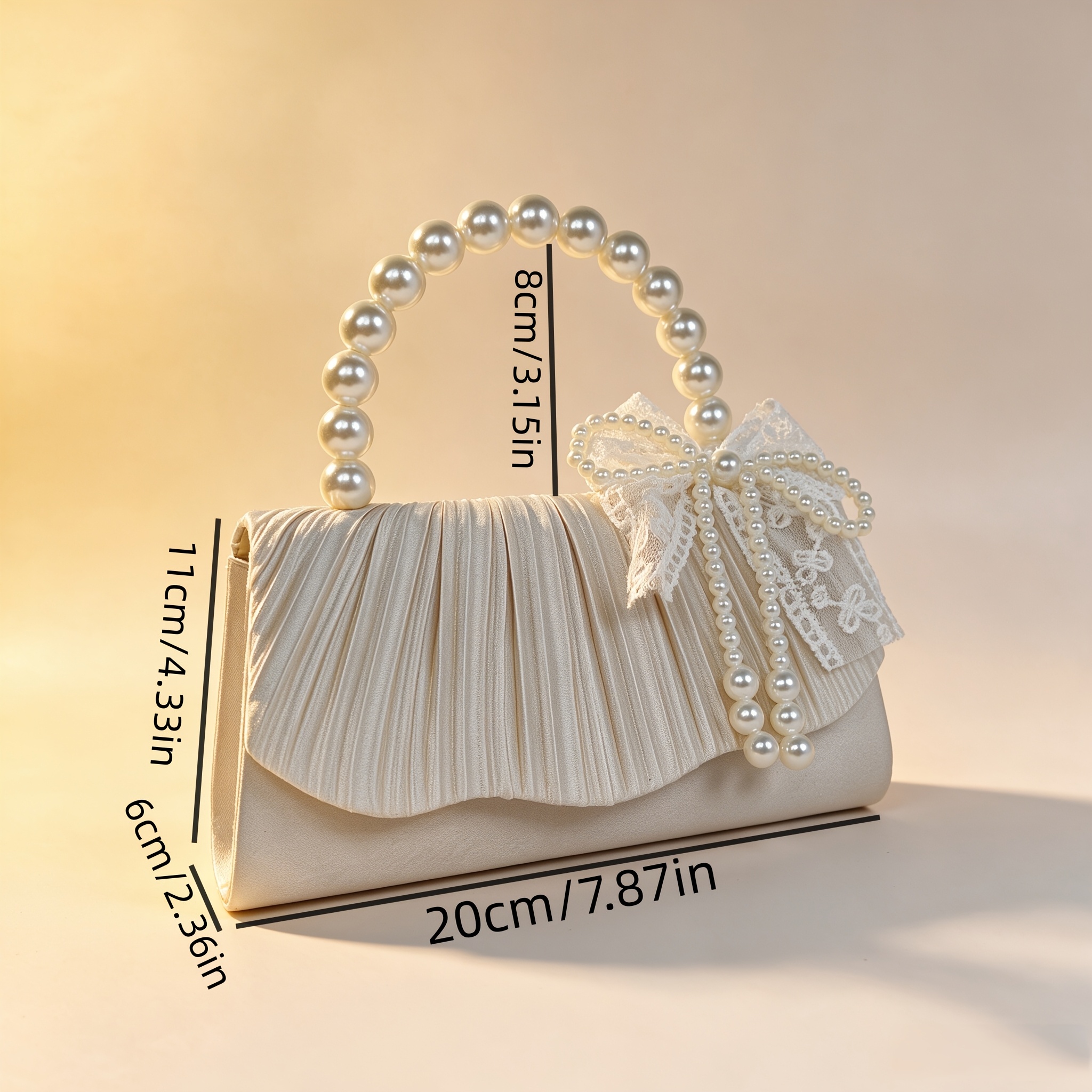 Apricot Satin Pleated Evening Clutch with Pearl Bow