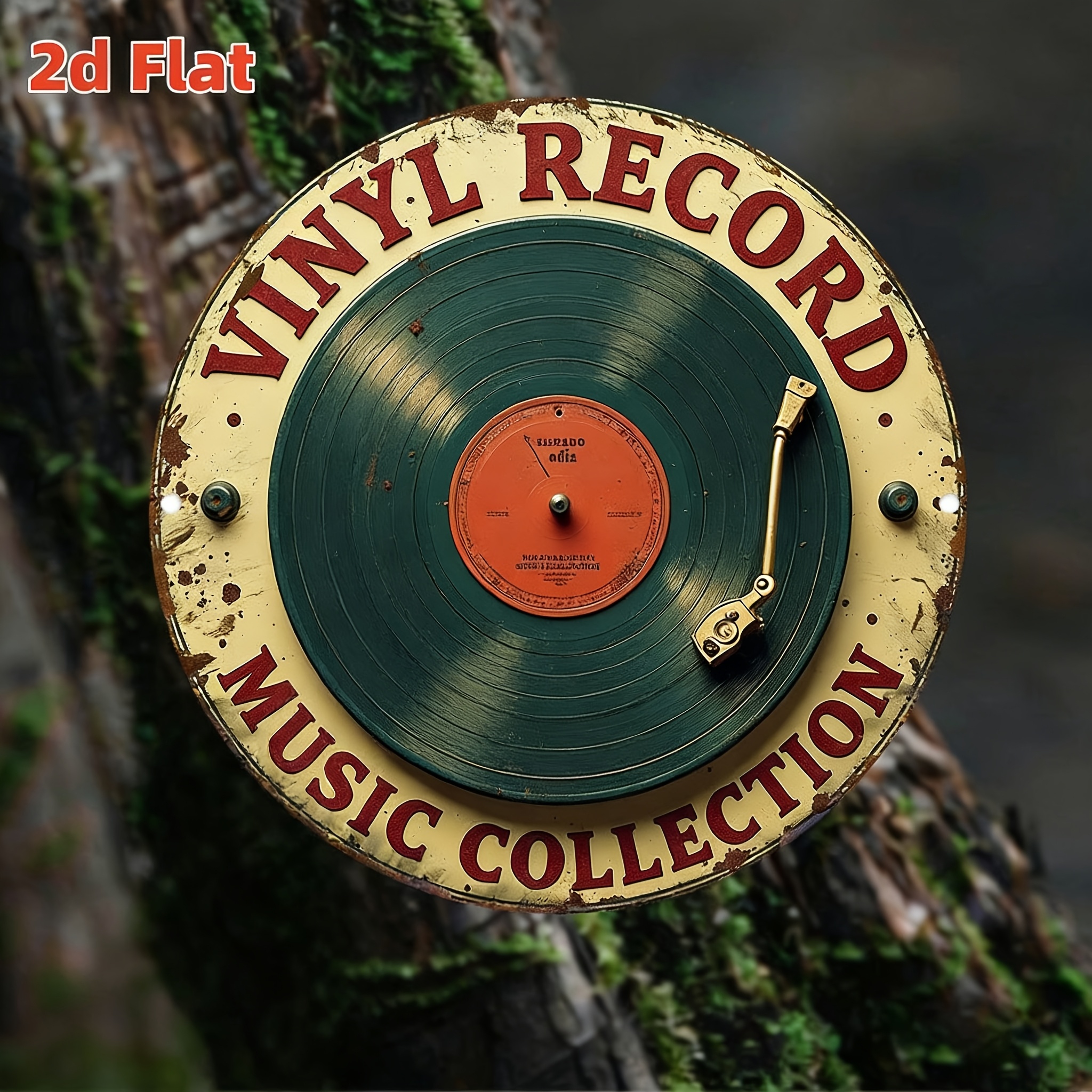 E-shop 2D Flache Vintage Schallplatten Wanddekoration – Retro LP mit abgerundeten Kanten – Grüner Hintergrund, wasserdicht & staubdicht – Geeignet für