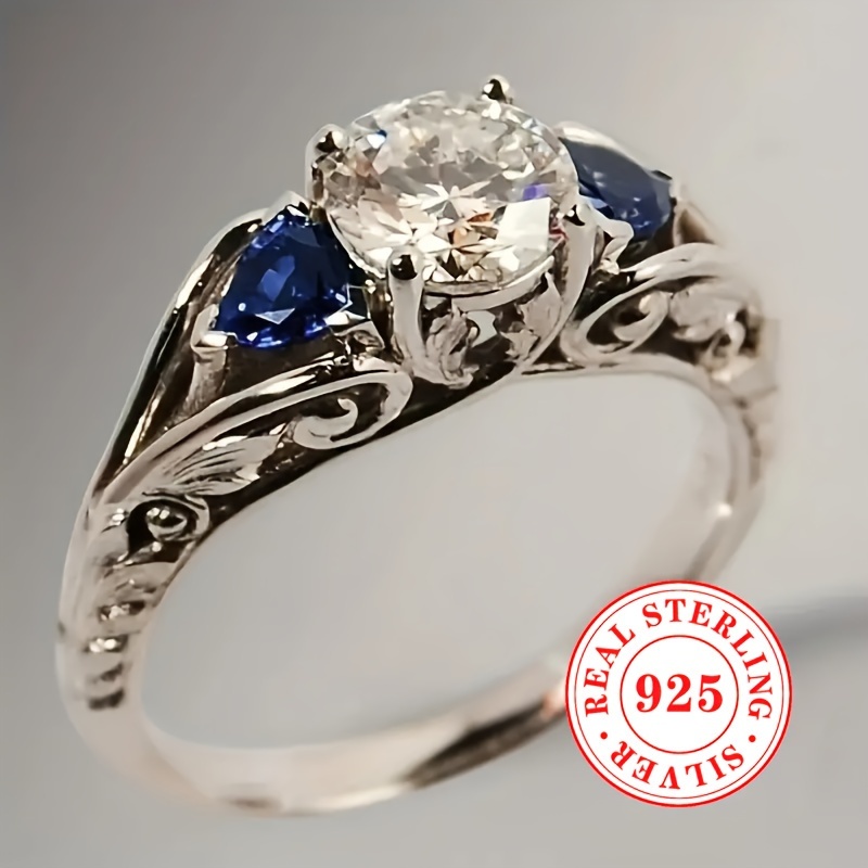 

1pc Bague vintage en de cœur avec 3 pierres, 3,5g en argent sterling 925, bleue synthétique, pierre de de , motif sculpté élégant, bijou unisexe pour anniversaire, pour tous et les fêtes