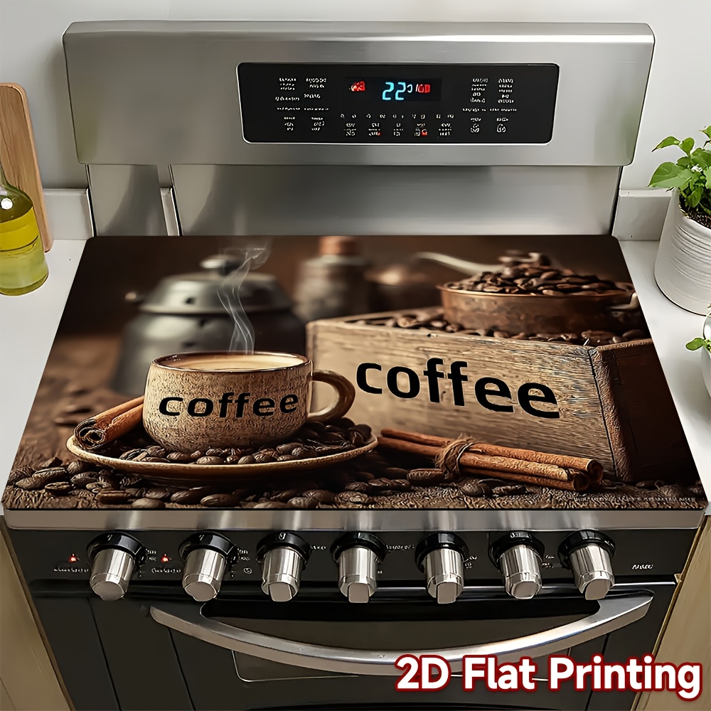 TEMU 1pc Coffee-themed Stove Protector - Suitable For Gas/flat Stovetops And Glass Cooktops, Coffee Beans And Cup Design With Cinnamon Sticks -