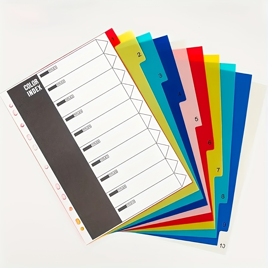 10pcs A4 Pvc Colored Index Dividers Suitable For 2-ring/3-ring/4-ring/11-ring Binder With Labels Office Loose-leaf Notebook Hole- Divider Supplies