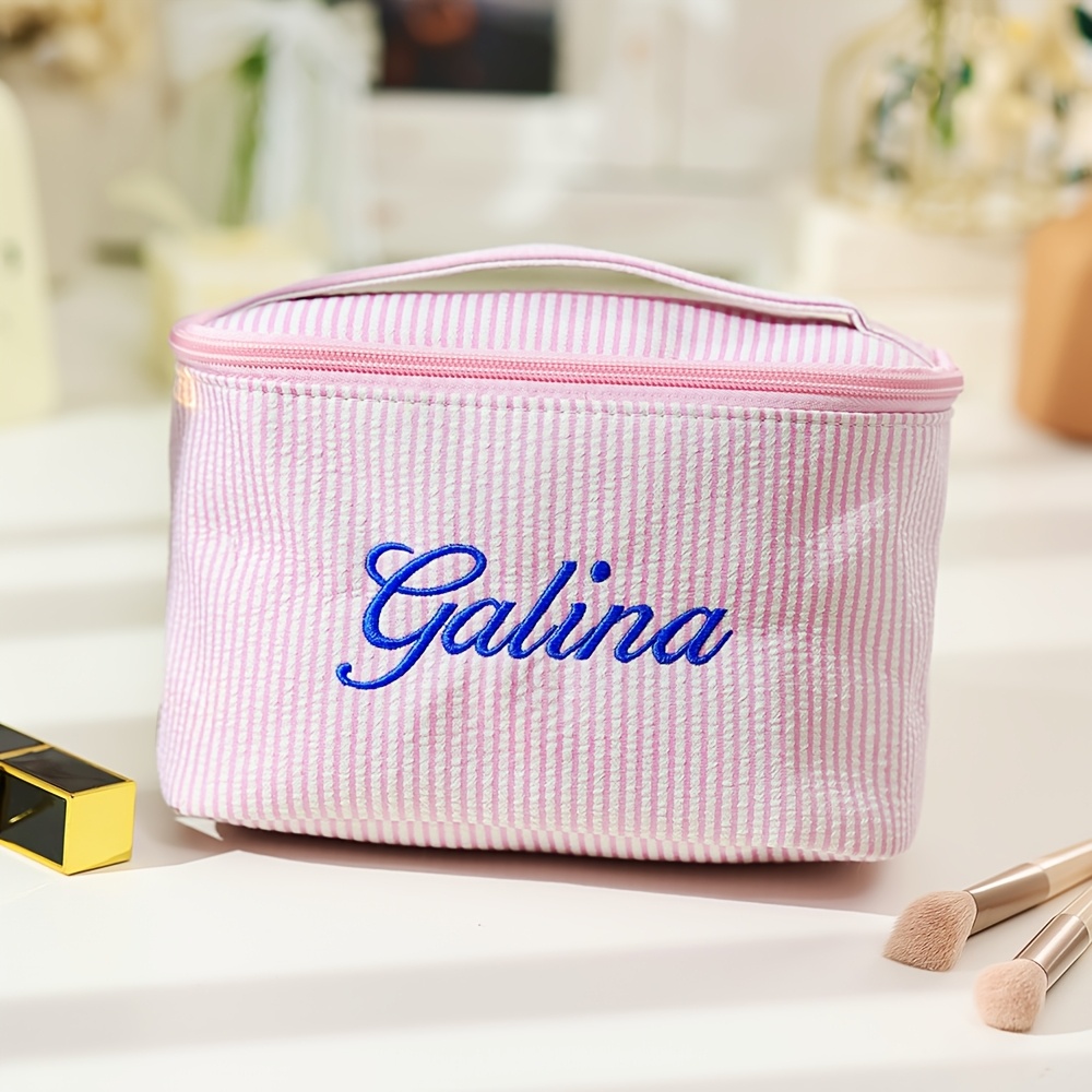 TEMU [custom Embroidery] Personalized Customizable Name Handle Handbag Large Capacity Fashionable Portable Travel Business Toiletry Bag, Striped