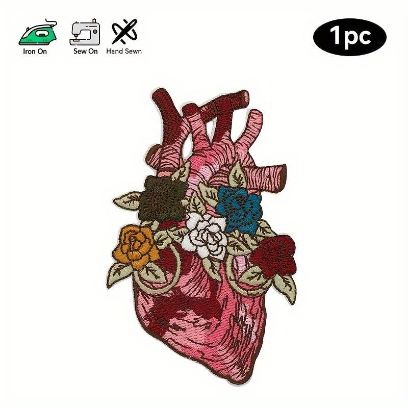 Image of 1pc Heart With Flowers Embroidered Iron-on/sew-on Patch - Vibrant Multicolor , Durable Fabric Applique For Repair, Jeans, Jackets, Backpacks, Hats & Vests, Backpack Decoration, Textured Embroidery